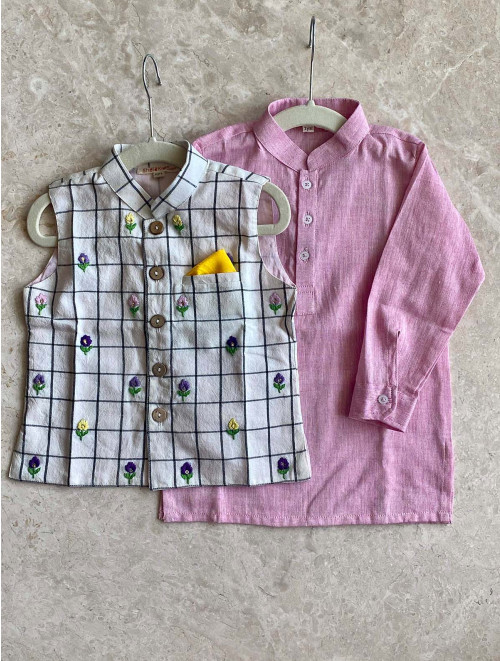 Pink Kurta  Checks Bandi Set
