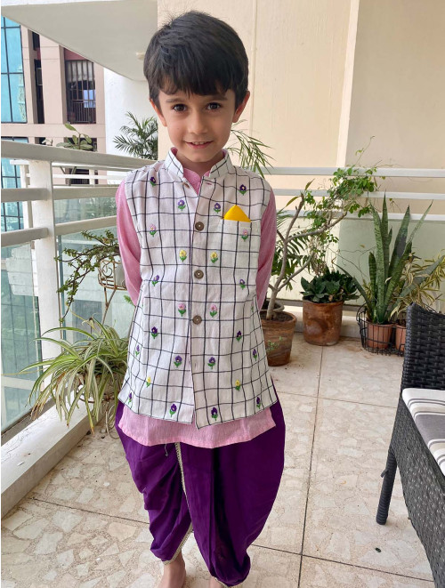 Checks Bandi, Pink Kurta, Purple Dhoti Set