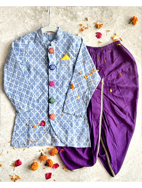 Benarasi Kurta (Blue) Purple Dhoti Set