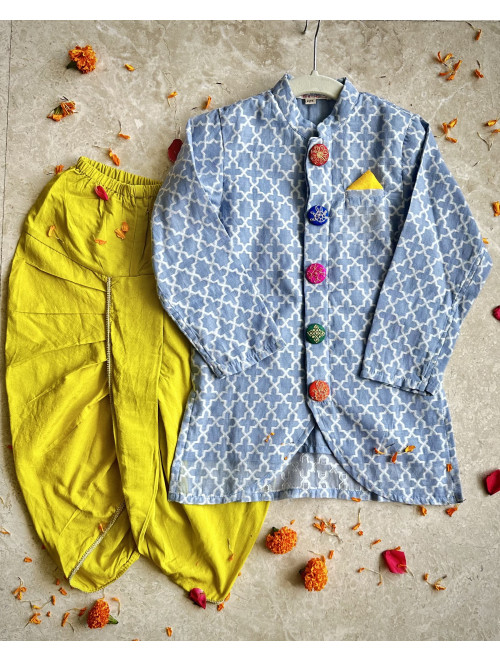 Benarasi Kurta (Blue) Greeen Dhoti Set