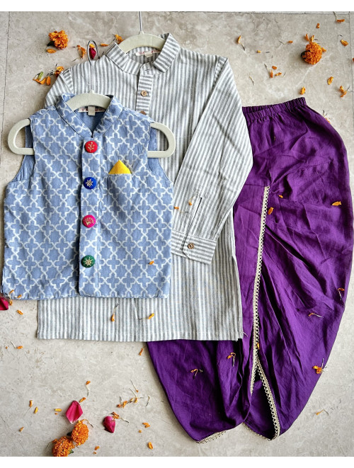 Benarsi Bandi, Grey Kurta, Purple Dhoti Set