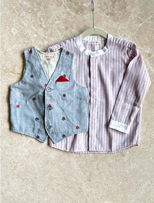 Blue Waistcoat, Pink Shirt & Beige Trouser Set