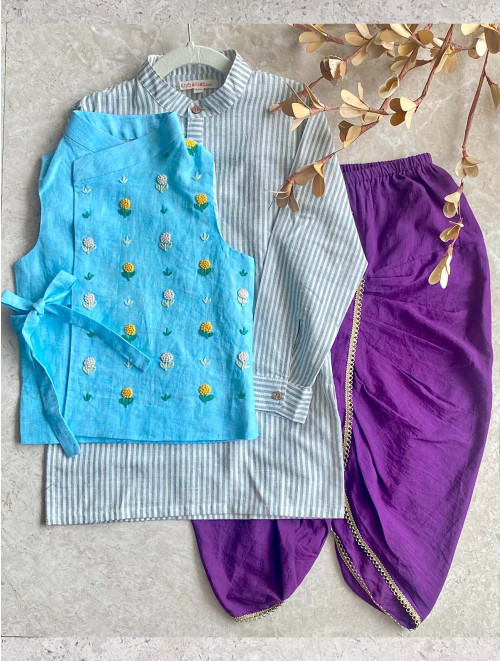 Blue Bandi, Grey Kurta, Purple Dhoti Set